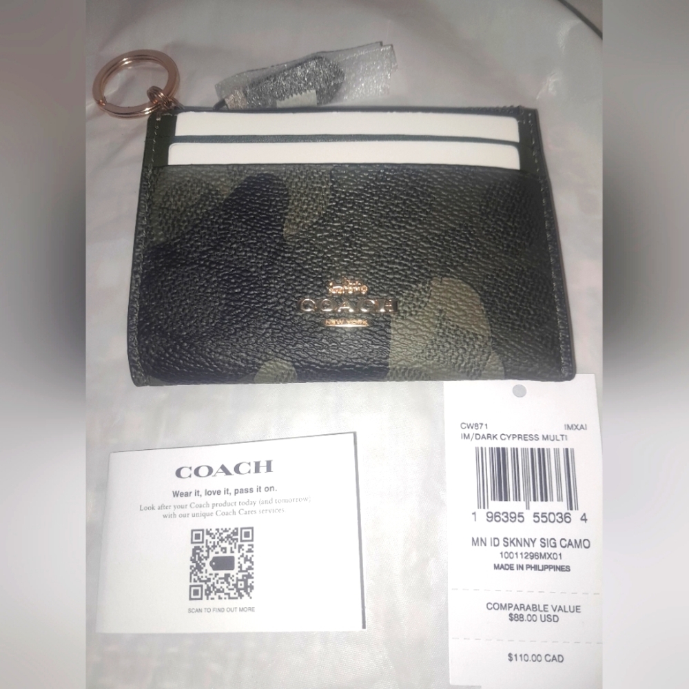 New Coach Skinny ID Card Case In Camo Print With Keyring NWT